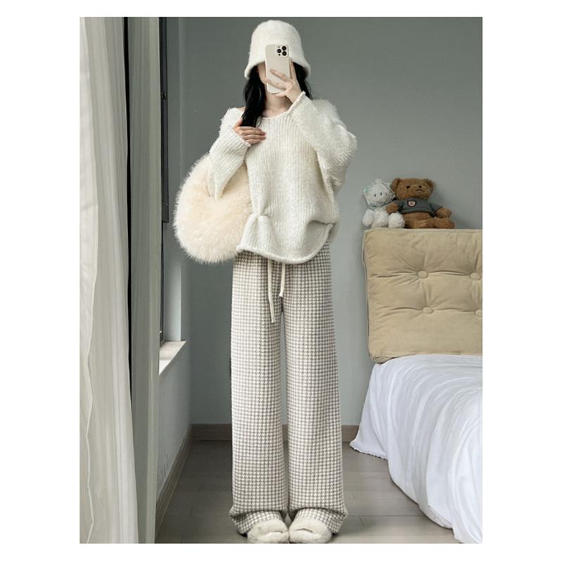 Autumn and winter new lazy style casual pants women's drape straight thin lamb wool thousand bird grid wide leg pants