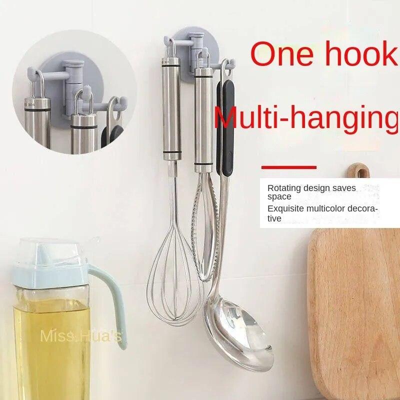 Rotating traceless hook, wall self-adhesive, strong, non punching, kitchen, bathroom storage rack, multifunctional towel rack