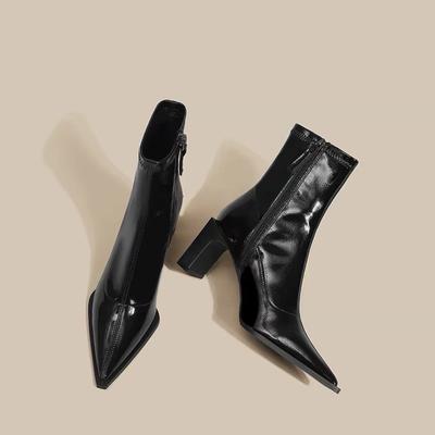 Pointed Toe Women Ankle Boots Fashion Elegant Patent Leather Modern Short Booties Designer Thick Heels Botas Mujers