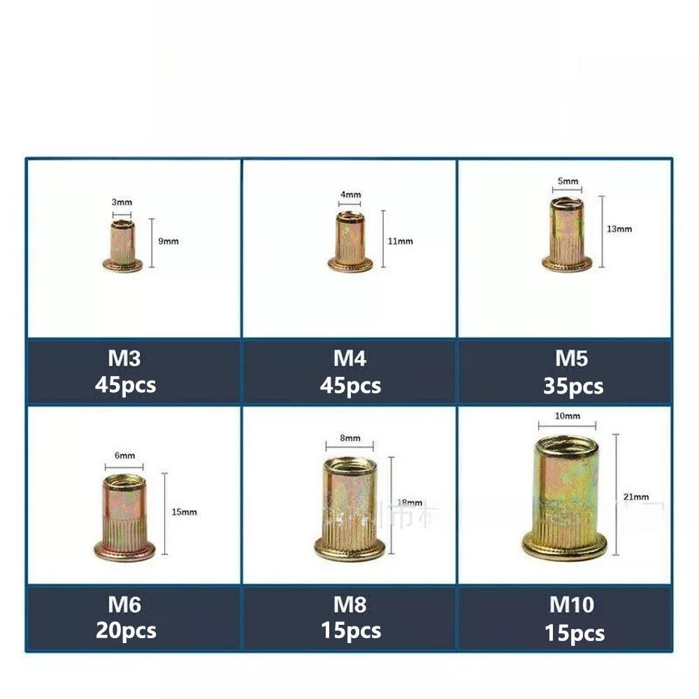 175Pcs Boxed Flat Vertical Grain Rivet Nut M3-M10 Color Zinc Plated Carbon Steel Blind Rivnut Set