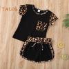 2Pcs Leopard Print Outfit for Baby Girl Summer Short Sleeve Pocket Round Neck Top Shorts Cute Sisters Matching Suit for Daily Wear Photography Parties