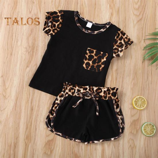 2Pcs Leopard Print Outfit for Baby Girl Summer Short Sleeve Pocket Round Neck Top Shorts Cute Sisters Matching Suit for Daily Wear Photography Parties