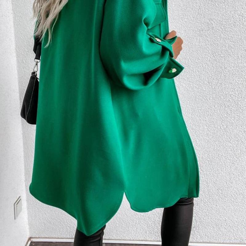 Knopfdekoration Mittellange Hemdjacke Herbst Winter Neu Aufgerollter Ärmel Knopfverziert Midi Hemdjacke, Mit Taschen Asymmetrisches Oberteil