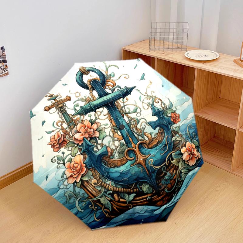 1 шт. Автоматический складной зонт - Узор  Якорь , Портативный и складной дизайн с 8 спицами, Рождественские и Новогодние подарки