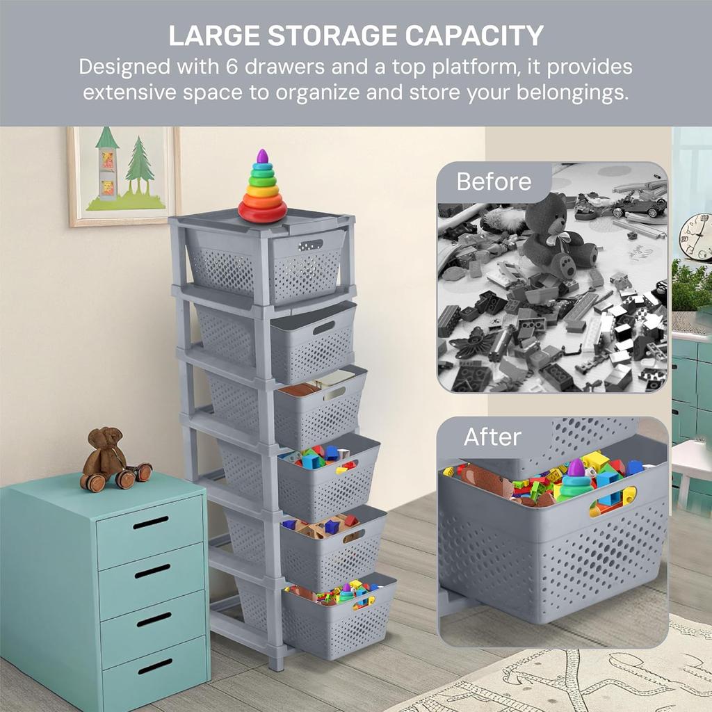 6-Tier Plastic Storage Cabinet Organizer/Modular Plastic Drawer System for Home, Office, Hospital, Parlor, School, Doctors, and Kids' Rooms