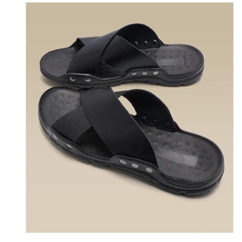 Pánské kožené nazouvací sandály s křížovým páskem Protiskluzové neformální pantofle