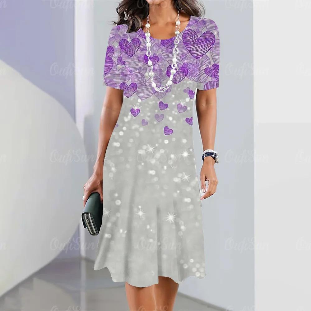 Women Summer O Neck Short Sleeve 3D Print Midi Dress