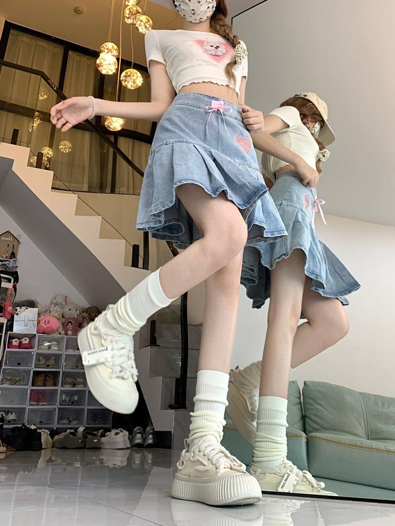 Women's Blue A-line Denim Pleated Skirt Vintage Y2k Mini Cowboy Skirt Harajuku Korean Jean Skirts 2000s Fashion Clothes Summer