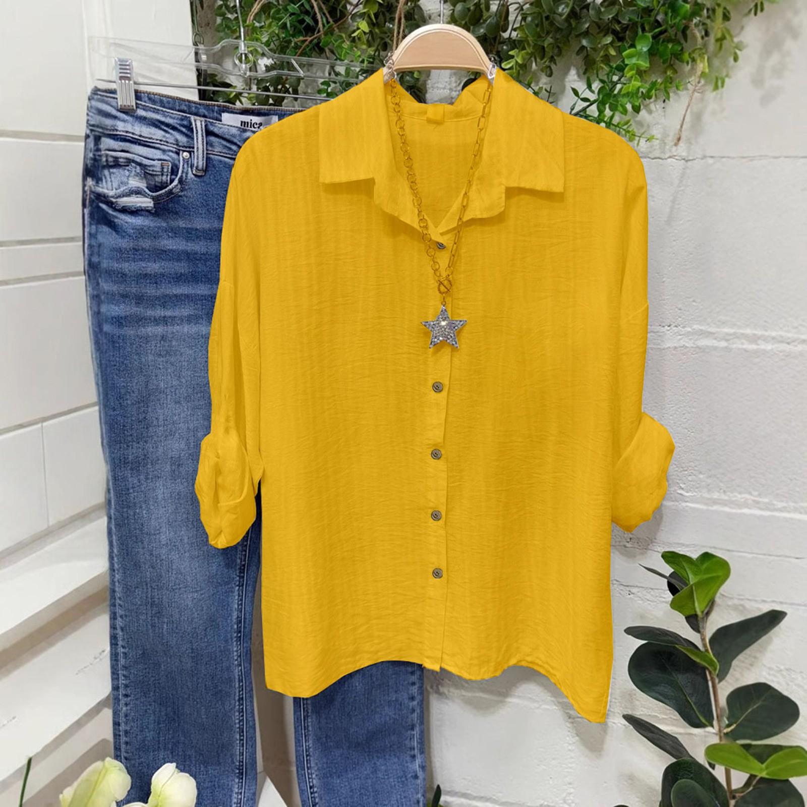 

Women s Fashionable And Casual Solid-color Button-down Long-sleeved Shirt Top XL жёлтый