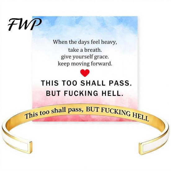 Engraved Message Bracelet This Too Shall Pass Mantra Cuff Bracelet, Hidden Engarved Motivational Inspirational Bangle Adjustable Encouragement Jewelry
