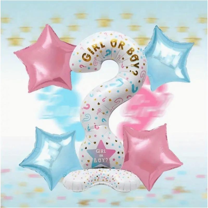 

Набор из 5 предметов для определения пола с узором из вопросительных знаков, красных и синих звезд, подходит для вечеринок по определению пола.