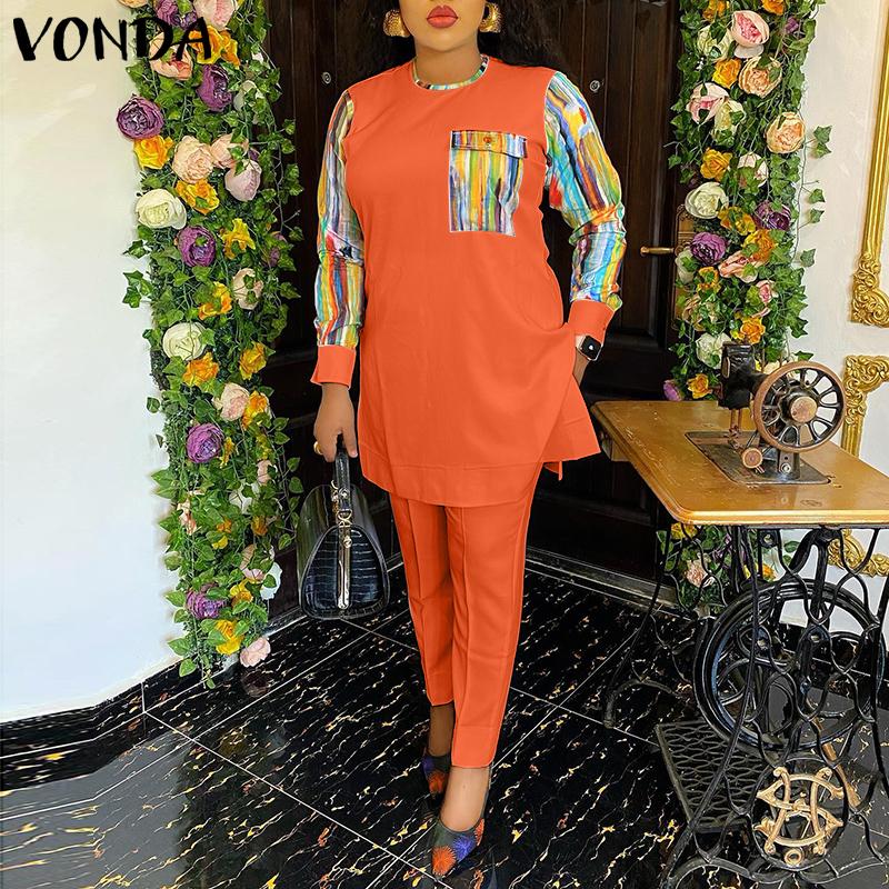 

VONDA весенние женские комплекты из 2 предметов, топы с длинными рукавами и принтом, длинные брюки, повседневные свободные костюмы больших размеров, большие размеры