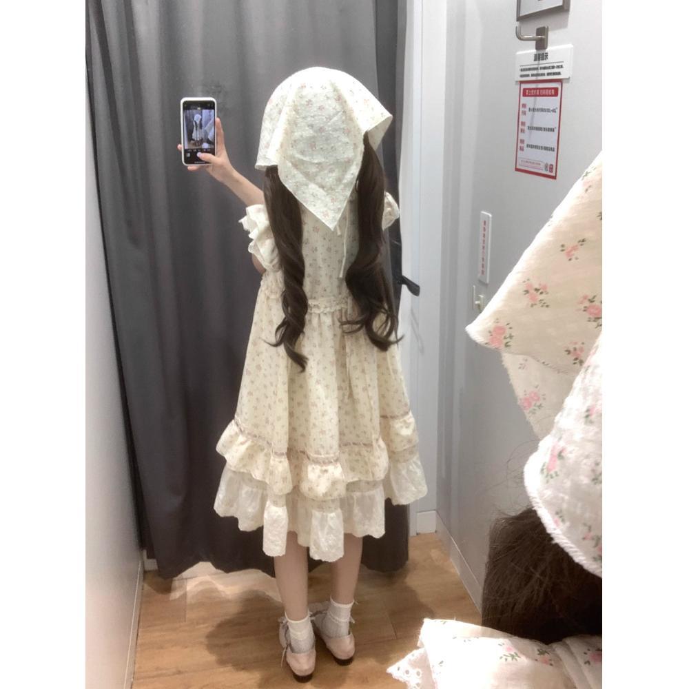 

Маленькое цветочное платье с короткими рукавами-крылышками в балетном стиле, женское летнее милое маленькое платье свободного кроя, фея-тортик, короткая юбка XL- (recommended 110-60kg)