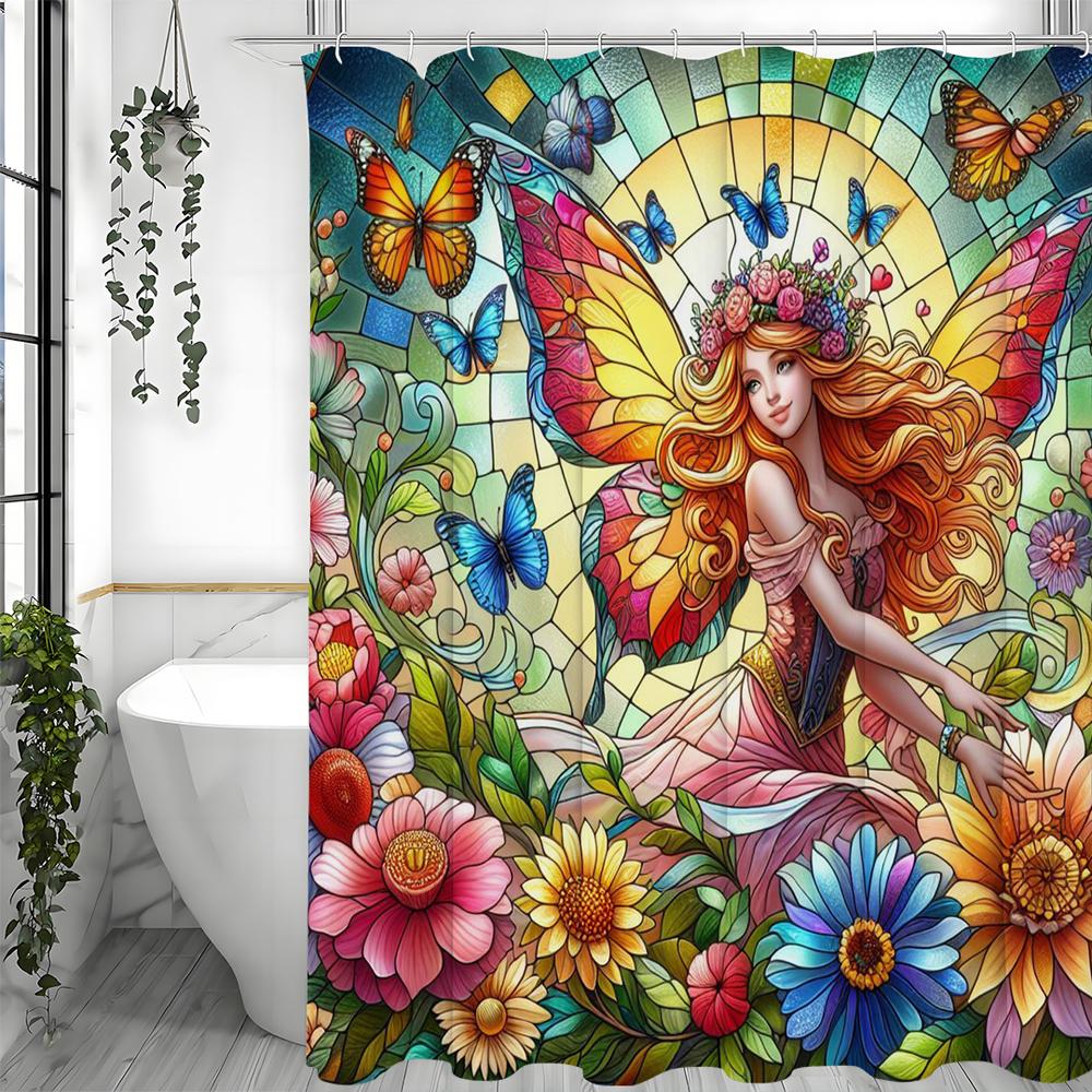 Elf Flower Butterfly Shower Curtain, Bathroom Decorative Shower Curtain, Waterproof Shower Curtain with Hooks