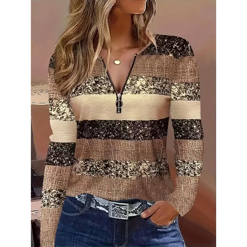 Women's spring and autumn fashionable long-sleeved zipper T-shirt - 3D full body digital printing design party wear