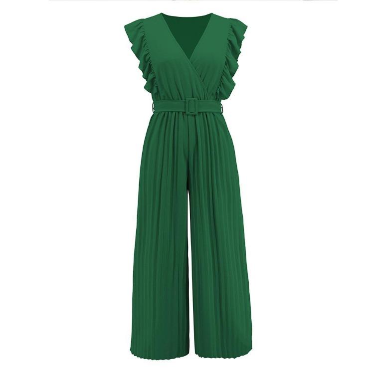 Women Slim High Waist Wide Leg Jumpsuit Sleeveless Ruffle V Neck Pleated Pants