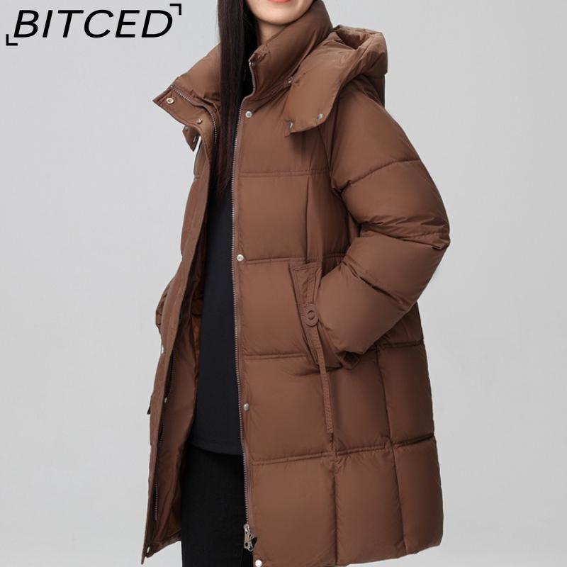 BITCED Fashionable Mid-Length Cotton Coat for Women Trendy Casual Warm-Weather Jacket with Detachable Hood