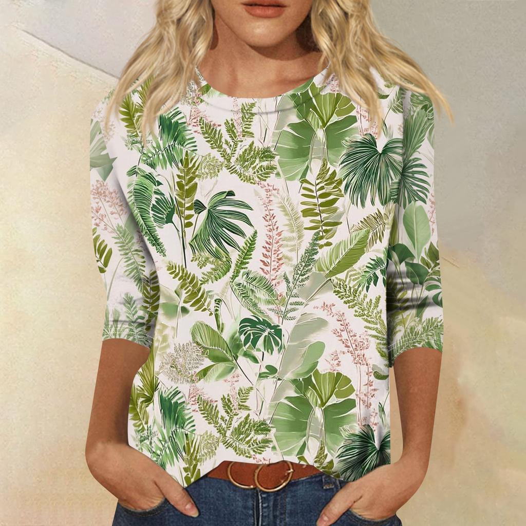 Women's Fashionable Casual Round Neck Three-Quarter Sleeve Printed T-Shirt Top