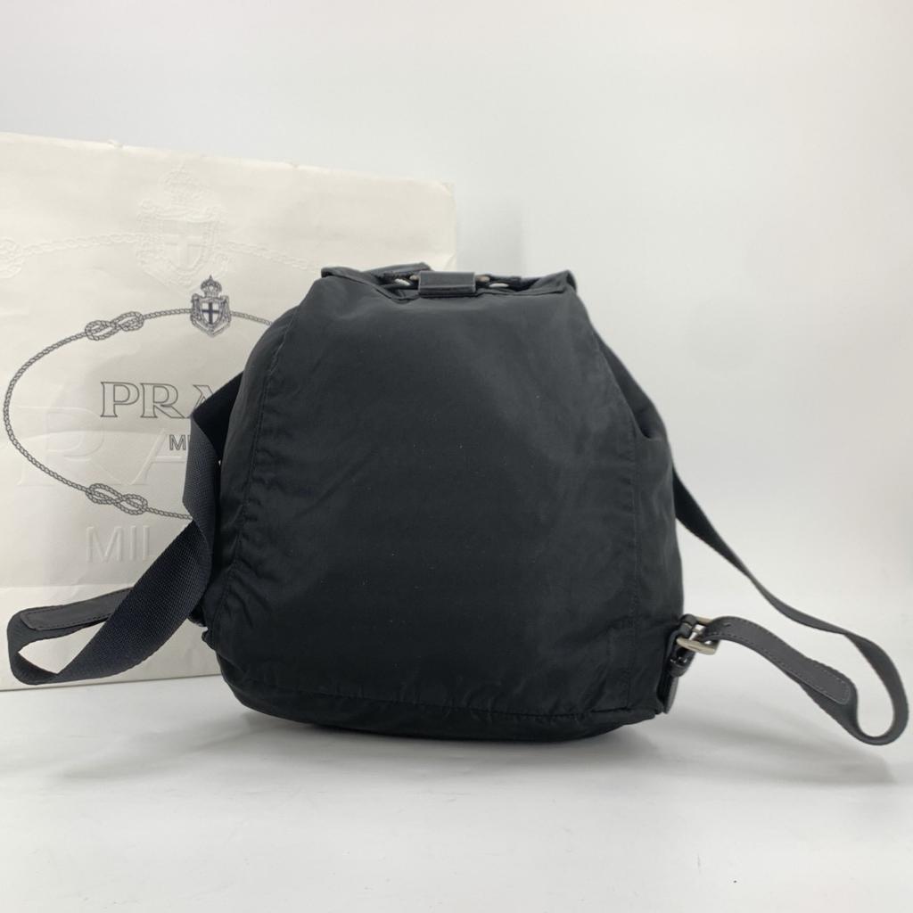 PRADA Tessuto Nylon Backpack Rucksuck Daypack Drawstring Leather B4650F Black Triangle Logo Plate