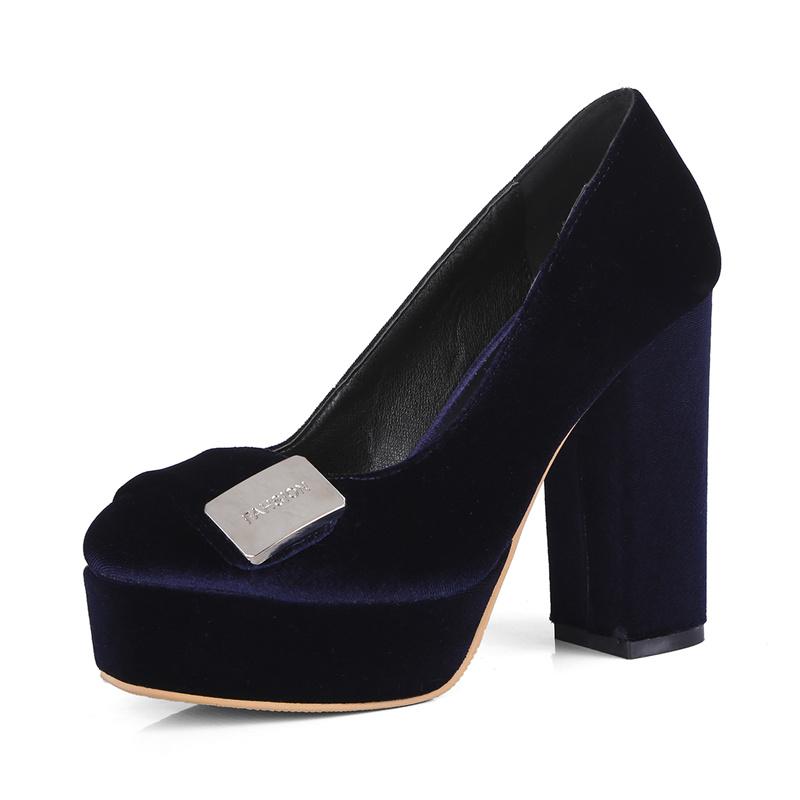 Spring Velvet Platform High Heels Pumps Shoes Woman Fashion Sexy Blue Red Women's Heeled Round Toe Office Party Wedding Shoes