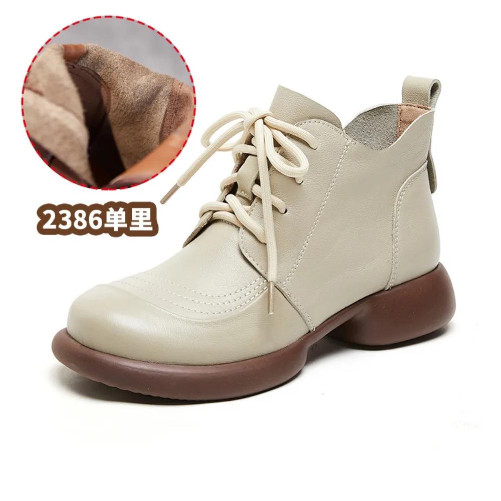 Womens Autumn Winter Vintage Cotton Boots Genuine Leather Soft Sole Anti Slip Short Boots Warm Comfortable Cotton Shoes Women