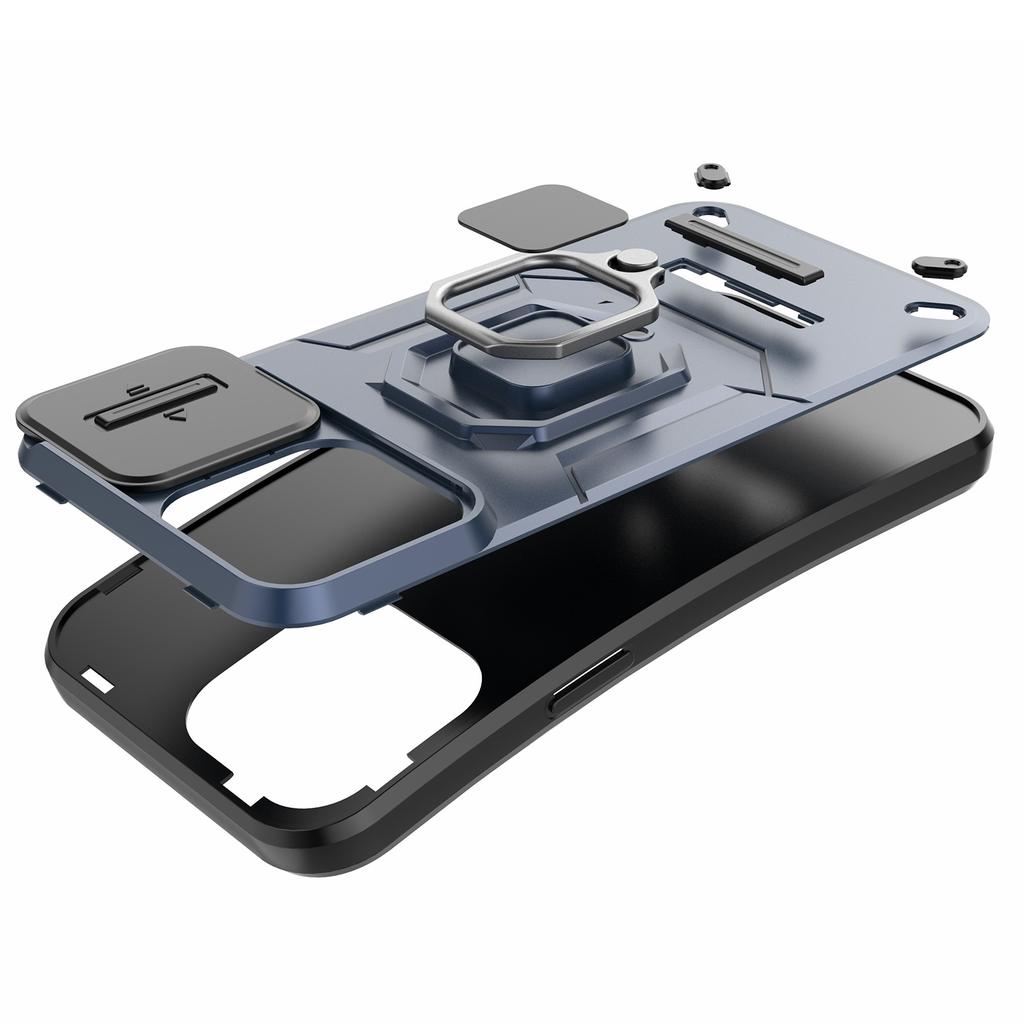For iPhone 15 PC+TPU Impact-Resistant Phone Case Slide Lens Protection Kickstand Cover