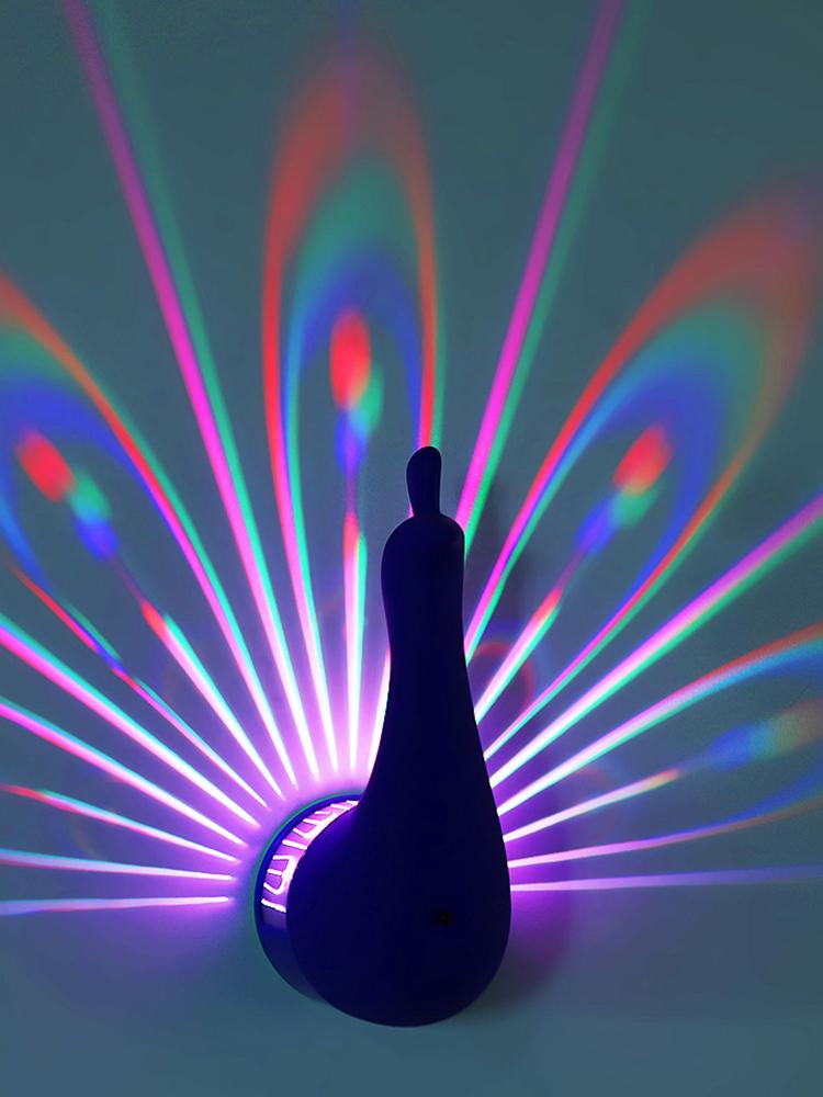 LED Wall-Mounted Night Light Remote Control Creative Bedside Lamp USB Charging Hollowed Peacock Projector Light for Home Decor