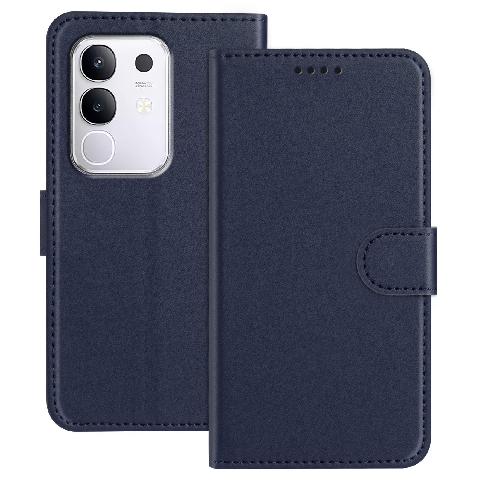 

For vivo Y29 4G Leather Case Wallet Stand Solid Color Anti Drop Phone Cover Blue