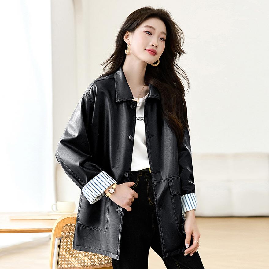

Кофейная кожаная куртка на лацканах женская весенняя новая модная куртка L чёрный