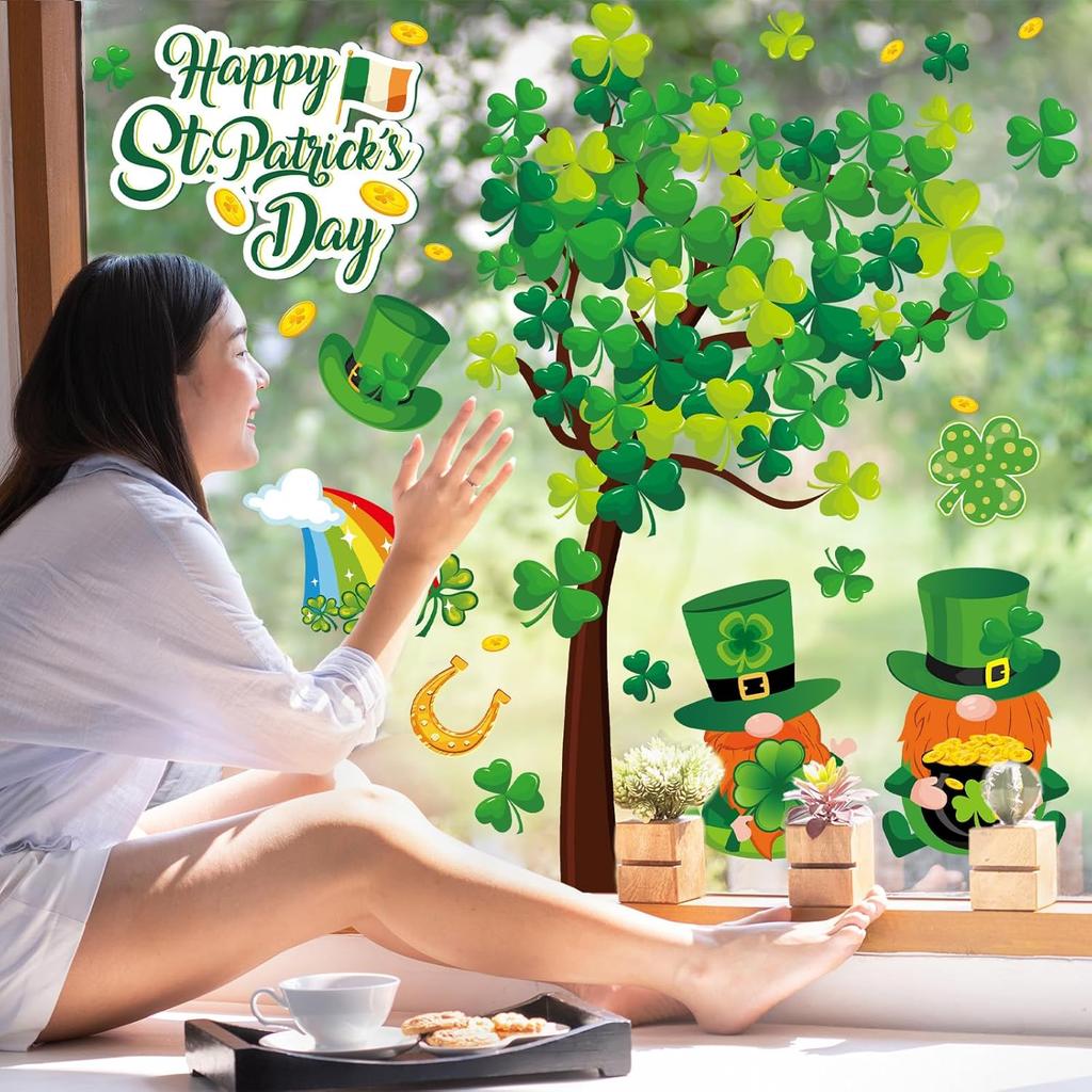 Whaline 6 Sheets St. Patrick's Day Window Clings Large Clover Tree Gnome Window Decals Double-Sided Green Shamrock Gold Co Windows Decor for Irish