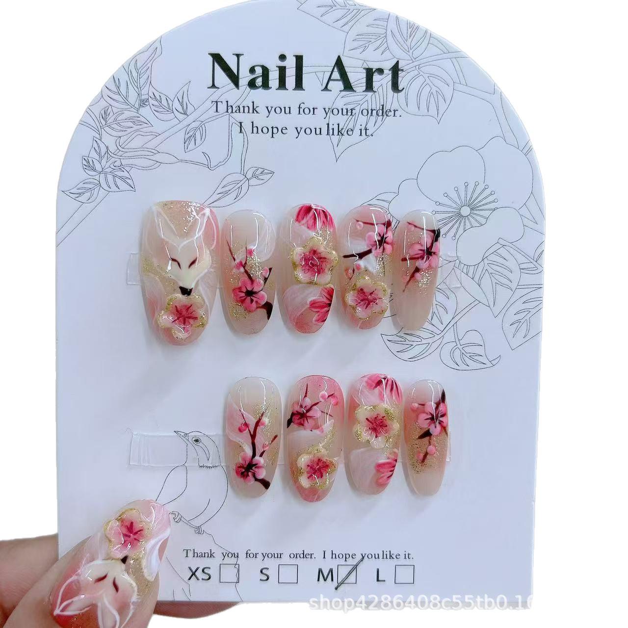 Pink Gradient White Fox Almond Shape False Nails Set - 10 Pieces, Handmade L size