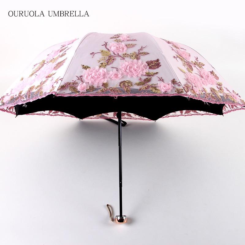 Three-Fold Double-Layer Embroidered Lace Umbrella 1821 Vinyl Sun Umbrella Parasol Uv Protection Umbrella
