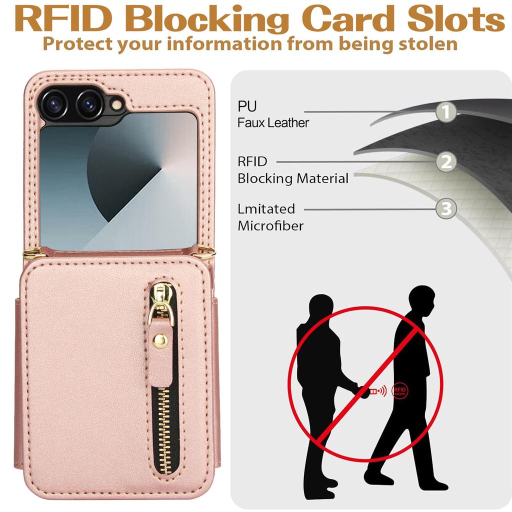 Applicable To Samsung Z Flip6 Mobile Phone Leather Case Z Flip5 Solid Color Card Zipper Change Bag Diagonal Strap Card Bag