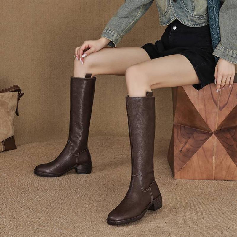 Podzimní a zimní dámské kožené boty z prané hovězí kůže ve velkých velikostech, nové dámské boty na středním podpatku, všestranné boty s kulatou špičkou, zadní zip, vysoké dámské boty