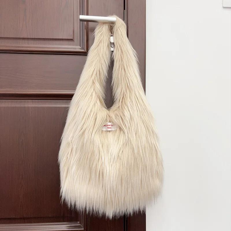 

Candy Color Long Fur Bags for Women Warm Faux Fur Shoulder Bag Fluffy Soft Plush Shopper Tote Half Moon Hobos Designer Handbag 36x10x60cm