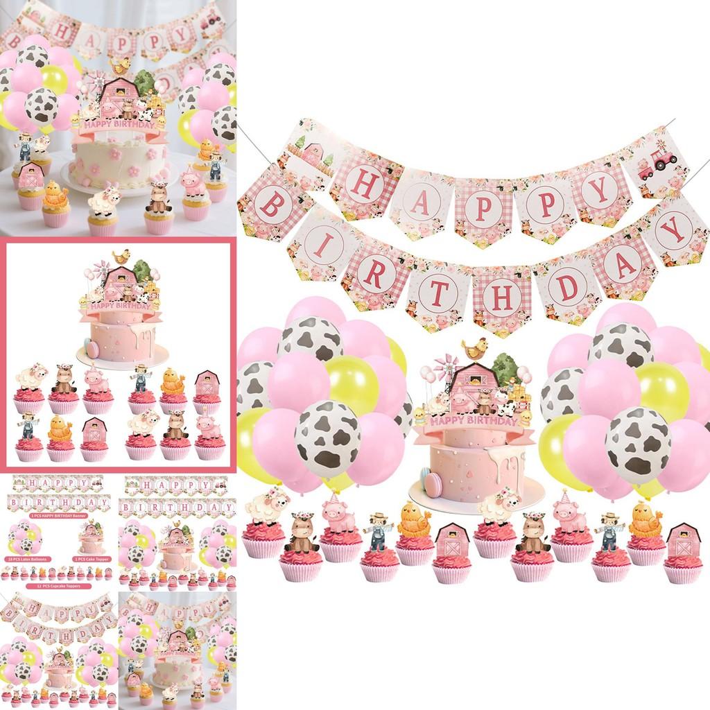 Farm Animal Birthday Party Banner And Balloon Decor Set With Paper Flags For Kids Celebration
