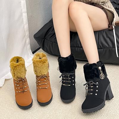 2025 neue lässige Herbst- und Winter-Martin-Stiefel Damenstiefel im britischen Stil mit hohen Absätzen, kurze Stiefel mit dickem Absatz, verdicktes Samt-Damenstiefel-Trend