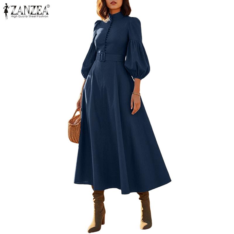 ZANZEA Damenmode Stehkragen 3/4-Ärmel Elegant Lässig A-Linien-Kleid