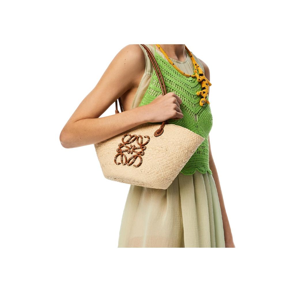 Loewe Anagram Basket Handwoven Anagram Embossed Patch Leather Tote Shopping Bag Women Tote Brown Natural A223P65X01-2435