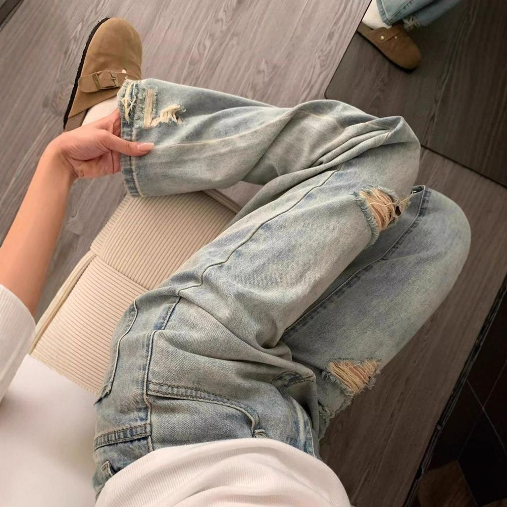 Drapierte Jeans mit gerissenem Knie Damen Herbst Hellblau Dünn Hohe Taille Bodenlang Locker Vielseitig Weites Bein Hose Retro Baggy Lange Jeans für Damen