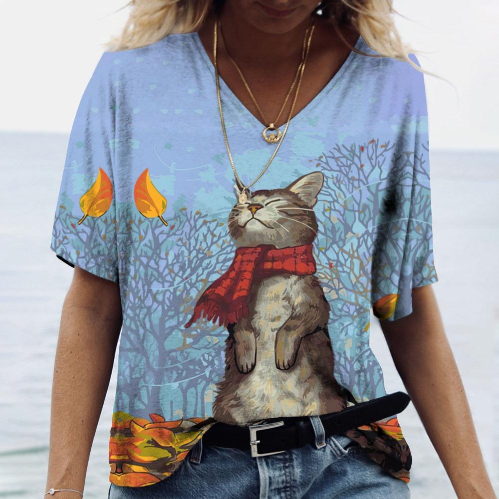 V Neck Tshirt Streetwear Y2k Clothes Women Summer Casual Oversize Dazzle Color Cats Print Shirt Short Sleeve Top Vintage Female