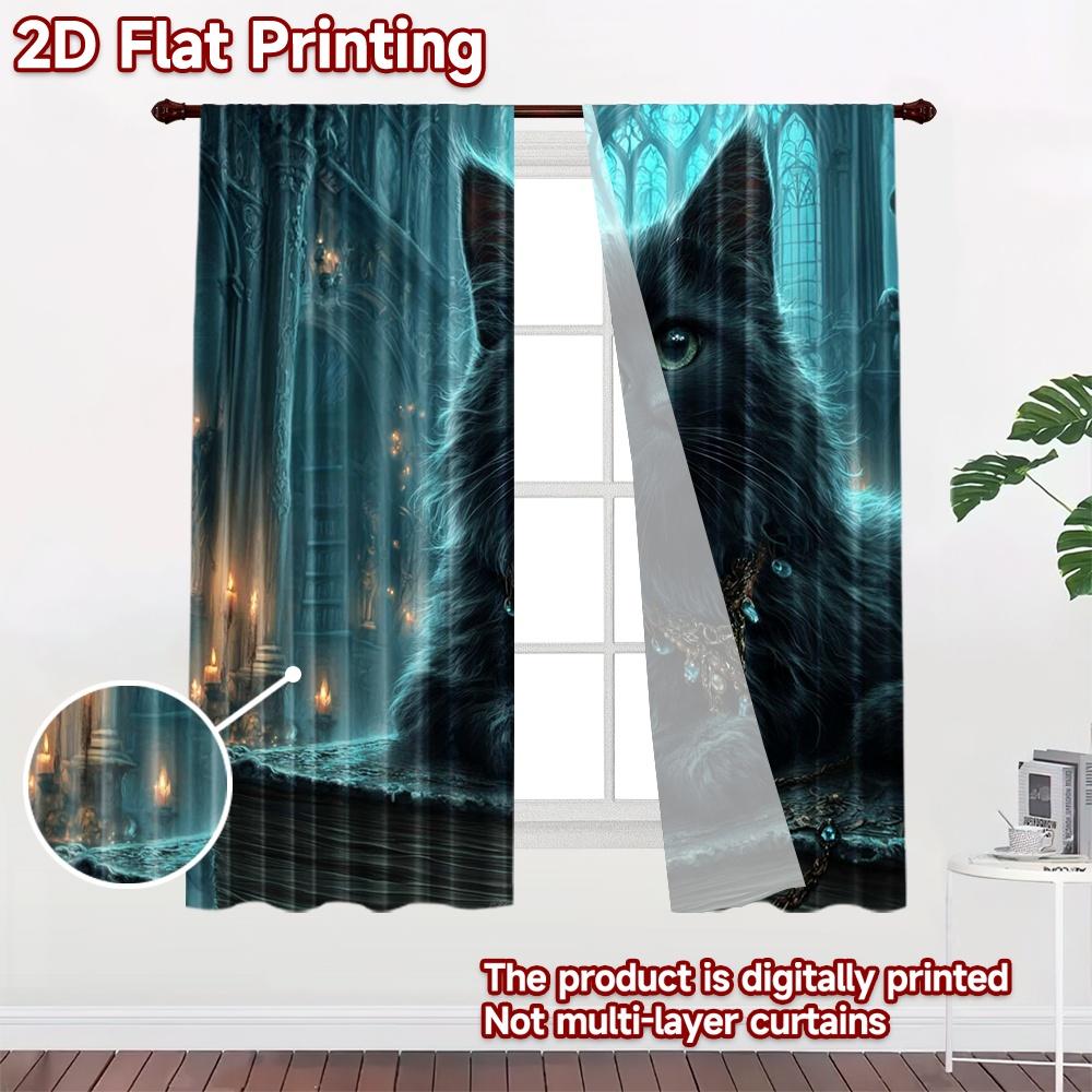 2D flat printing 2pcs Scene Curtains Black Cat Green Eyes Mystical Digital Printed Polyester Drapes Holiday Decorations Use for