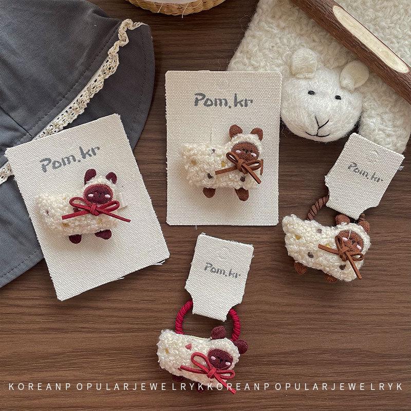 Koreańska Zimowa Kreskówkowa Spinka do Włosów z Jagnięcej Wełny i Elastyczna Gumka do Kucyka dla Dzieci