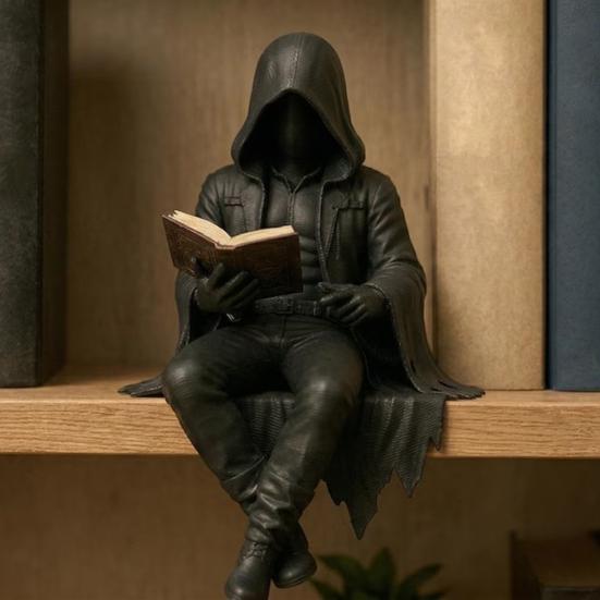 Statua di Uomo con Veste che Legge Mistero Gotico Statuetta Lettura Fantasy Veste Nera Scultura Seduta per Decorazione Libreria Scrivania di Halloween
