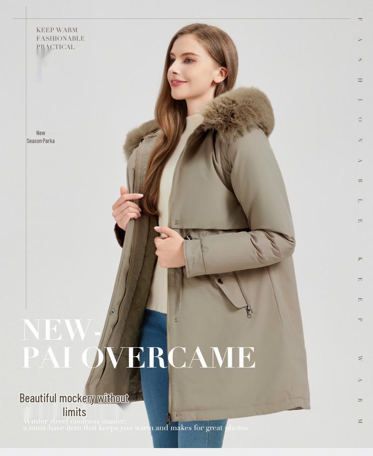 Women's Mid-Length Parka with Detachable Fur Collar and Sleeves - Warm, Thick Cotton Winter Jacket