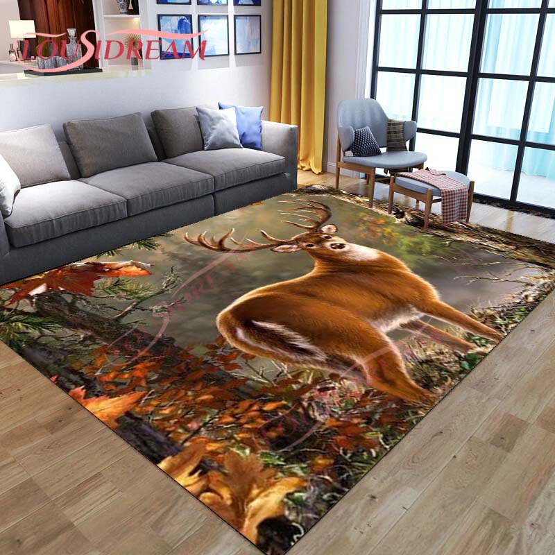 3D Cartoon Deer Rug Wildlife Mountain Landscape with Forest Carpet for Home Living Room Elk Carpet for Laundry Kids Play Carpets