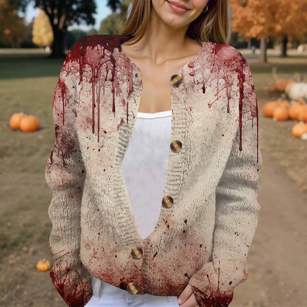Women's Fashion Printed Long Sleeve Knitted Cardigan Button Down Jacket