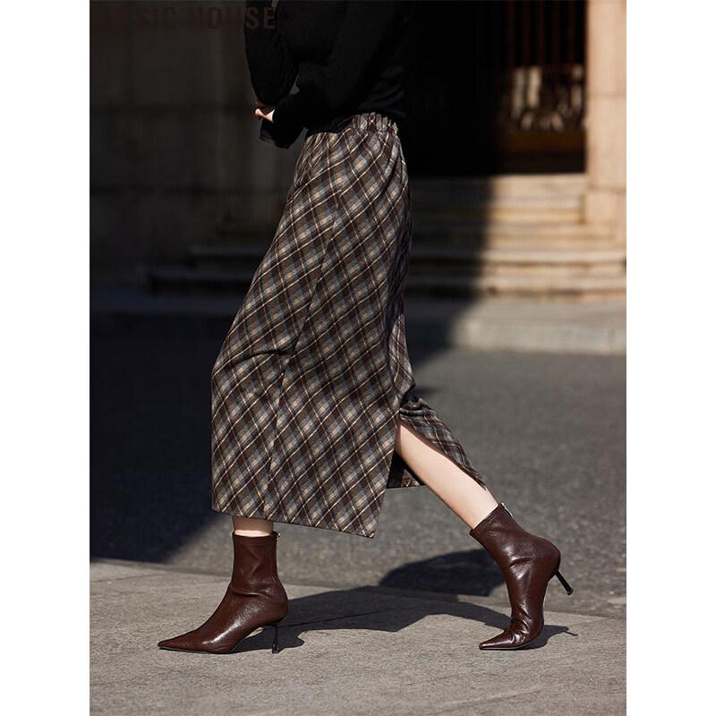 Basic House High-Waist Plaid Slit Midi Skirt L