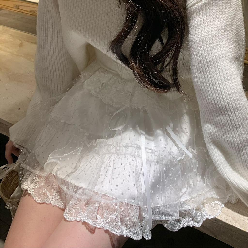 Sweet Vintage Princess High Waist Skirt Women Spring New White Floral Cake Clothing Female Fairy Cute Lace Pure Color Skirt 2024