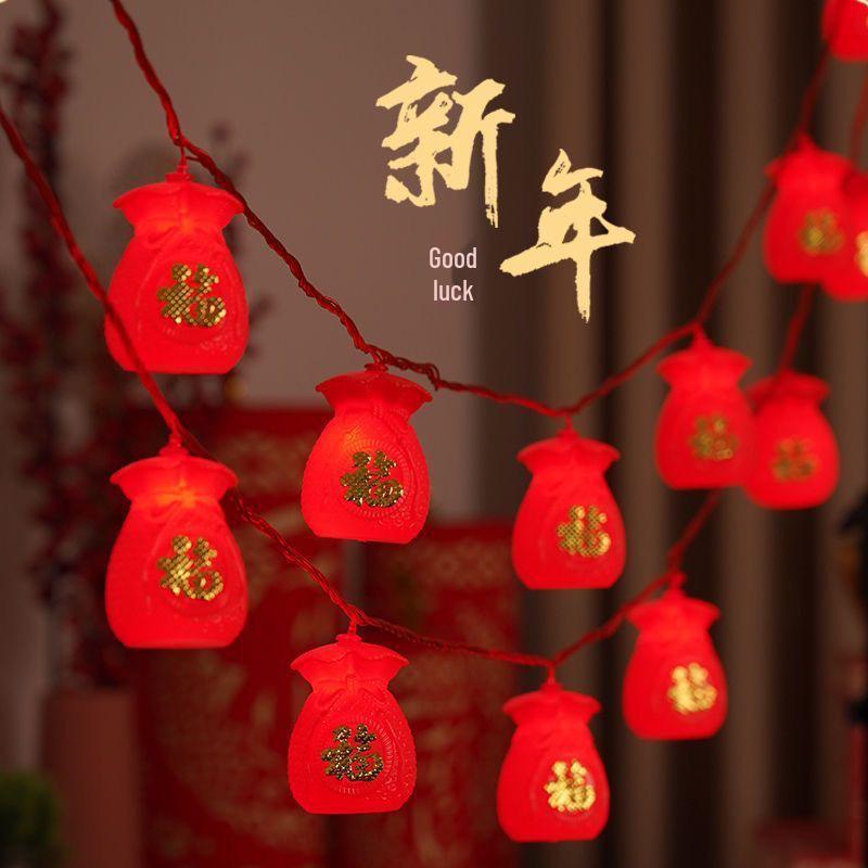 Red LED Fu Character Lantern String Lights for New Year and Spring Festival Courtyard Decoration